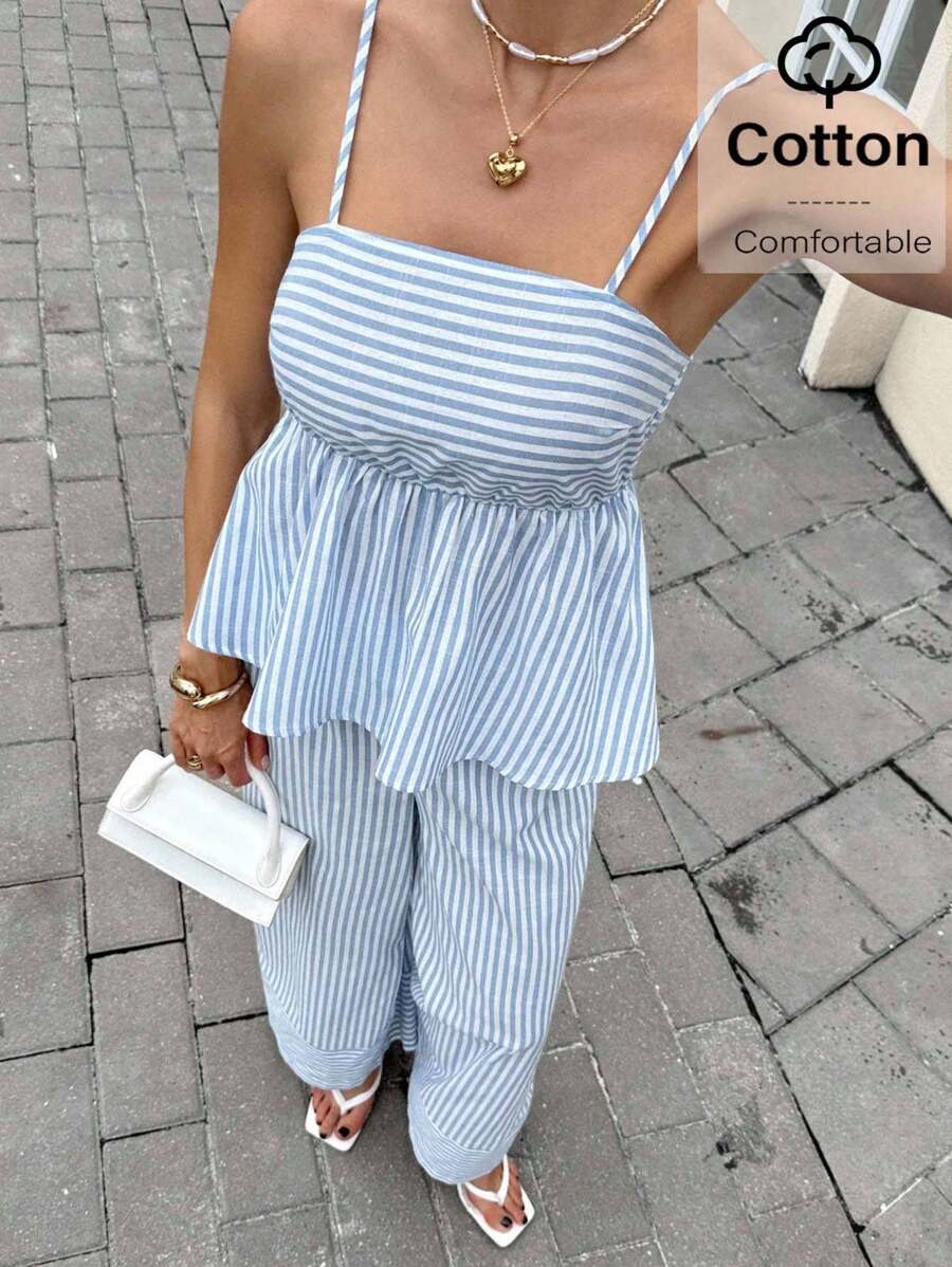 Siren Gaze 套装 2 件套女装套装女夏季蓝白条纹吊带 A 字吊带背心拼接阔腿裤长裤两件套女条纹荷叶边下摆吊带背心上衣和短裤套装，夏季 - 藍色 - 查看 1