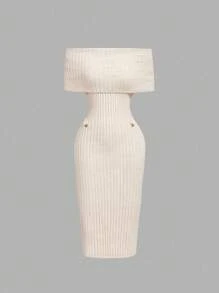 SHEIN MOD Women Off Shoulder Fitted Knit Dress, Solid Color Elegant,Back To School,Business Casual Woman,Vacation Outfits Women,Fall Clothes,Office Outfits For Women,Elegant Dresses For Women,Winter Clothes For Women,Western,Western Wear Women,Vintage - Apricot - View 4