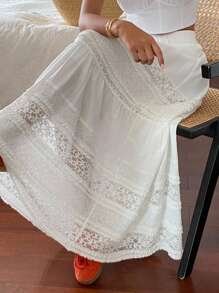 Livesso 秋季女士纯色宽松撞色蕾丝松紧腰休闲度假A字裙