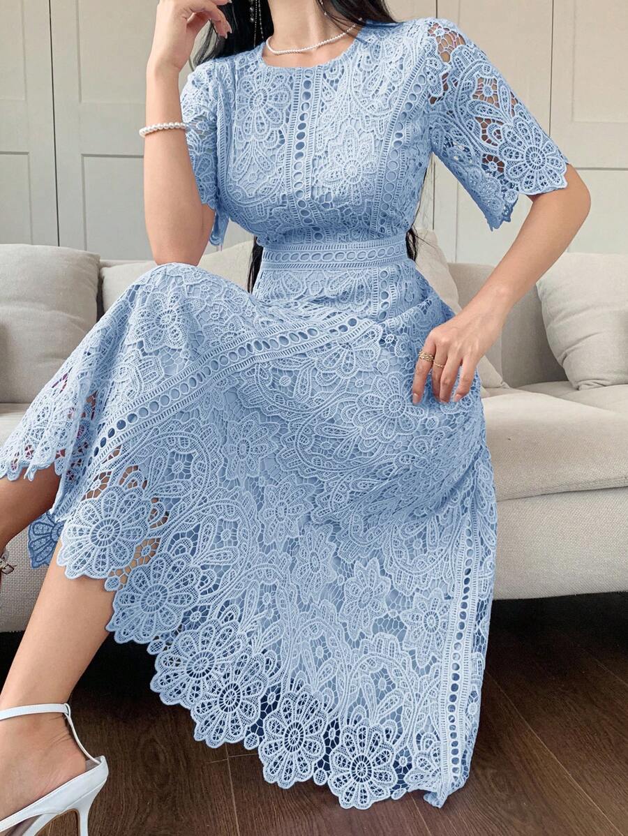 DAZY Elegant & Youthful Water-Soluble Lace Short Sleeve Mini Dress, Chic & Ladylike - Blue - View 1