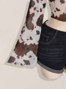 SHEIN ICON Blusa de Manga Longa Estampa de Vaca Boêmia com Manga Sino Estilo Hippie, Vestimenta Western, Ganga Chique para Mulheres Plus Size em Férias