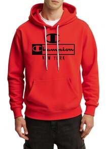 Champion Men's Letter Print Drawstring Hooded Casual Sweatshirt - Red - View 1