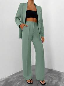 SHEIN Conjunto de chaqueta y pantalones de mujer con cuello de chal de unicolor y manga larga