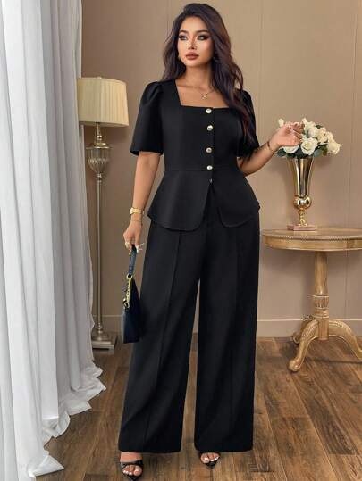 Auvina 女士大码时尚休闲套装 - 方领黑色上衣，腰部设计，阔腿裤，优雅通勤套装，适合春夏季