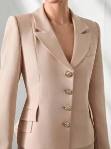 CLARA VERO Woman Solid Color Woven Elegant 2 Pieces Outfits Coords Suit Set Blazer Jacket And Midi Skirt - Beige - View 6