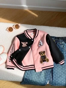 SHEIN Light Pink,Autumn,Cute,Back-To-School Baby Girl Casual Patchwork 3D Bear Chapter Varsity Jacket,Fashion Design Toddler Boy Soft Fabric Outerwear - Multicolor - View 3