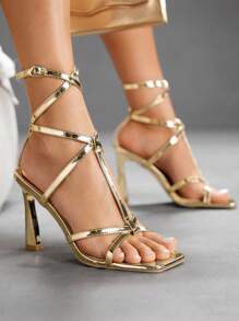 CUCCOO SZL Women's Metal Crossover Design Fashion High Heel Sandals For Party Occasions For Christmas - Gold - View 2