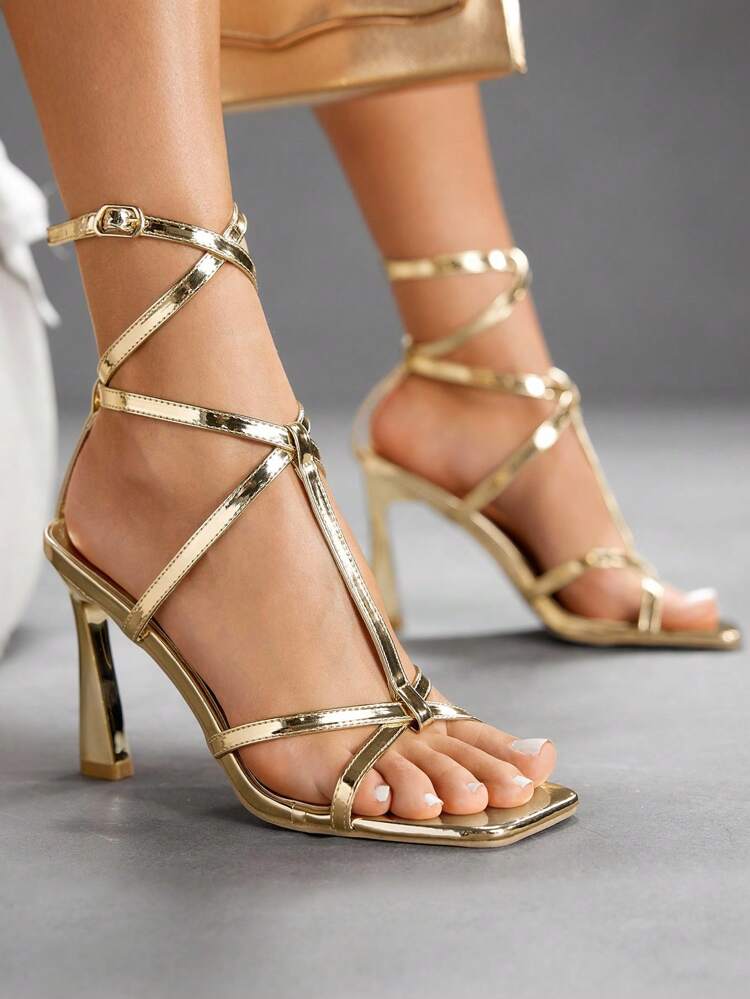 CUCCOO SZL Women's Metal Crossover Design Fashion High Heel Sandals For Party Occasions For Christmas