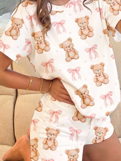 Cute & Sweet Bear With Pink Bow Print, Tween Girl Casual Minimalist Crew Neck Short Sleeve Shorts Pajama Set, Suitable For Summer Summer Pajama Set Teen Teen Short Pajamas Pajama Short Set Summer Pj Set Sleep Wear Women 2 Piece Set
