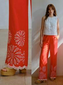 MOTF STUDIO EMBROIDERY DETAIL SLANT POCKET WIDE LEG SUIT PANTS - Orange - View 1