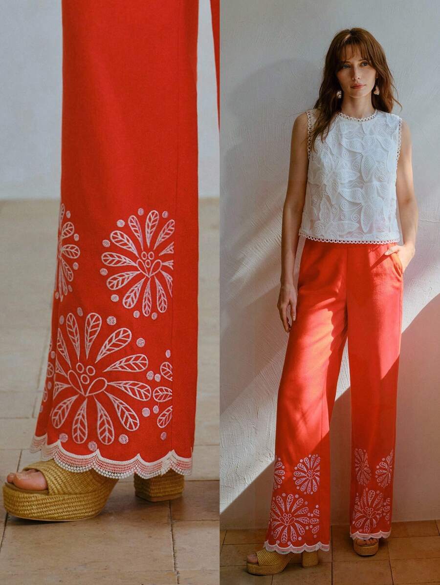 MOTF STUDIO EMBROIDERY DETAIL SLANT POCKET WIDE LEG SUIT PANTS - Orange - View 1
