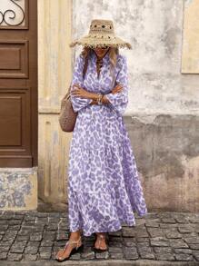 SHEIN VCAY 女式梭织印花短袖长裙 - 淡紫色 - 查看 4