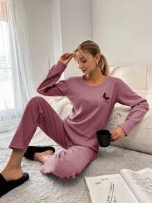 EURMUSE Butterfly & Letter Embroidery Ribbed Knit Homewear Set - Watermelon Pink - View 4