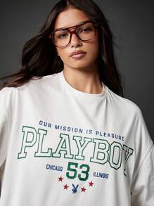 Missguided x Playboy 大學校隊風圖案印花T恤 芝加哥伊利諾州街頭風寬鬆版圓領休閒個性上衣 校園風寬大T恤 現代學生款 - 白色 - 查看 3