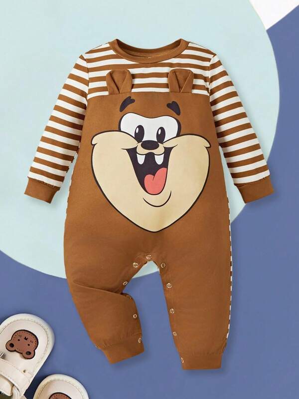 LOONEY TUNES X SHEIN Baby Boy Cute Cartoon Striped Patchwork Jumpsuit With 3D Ear, Casual Outfit For Spring And Autumn