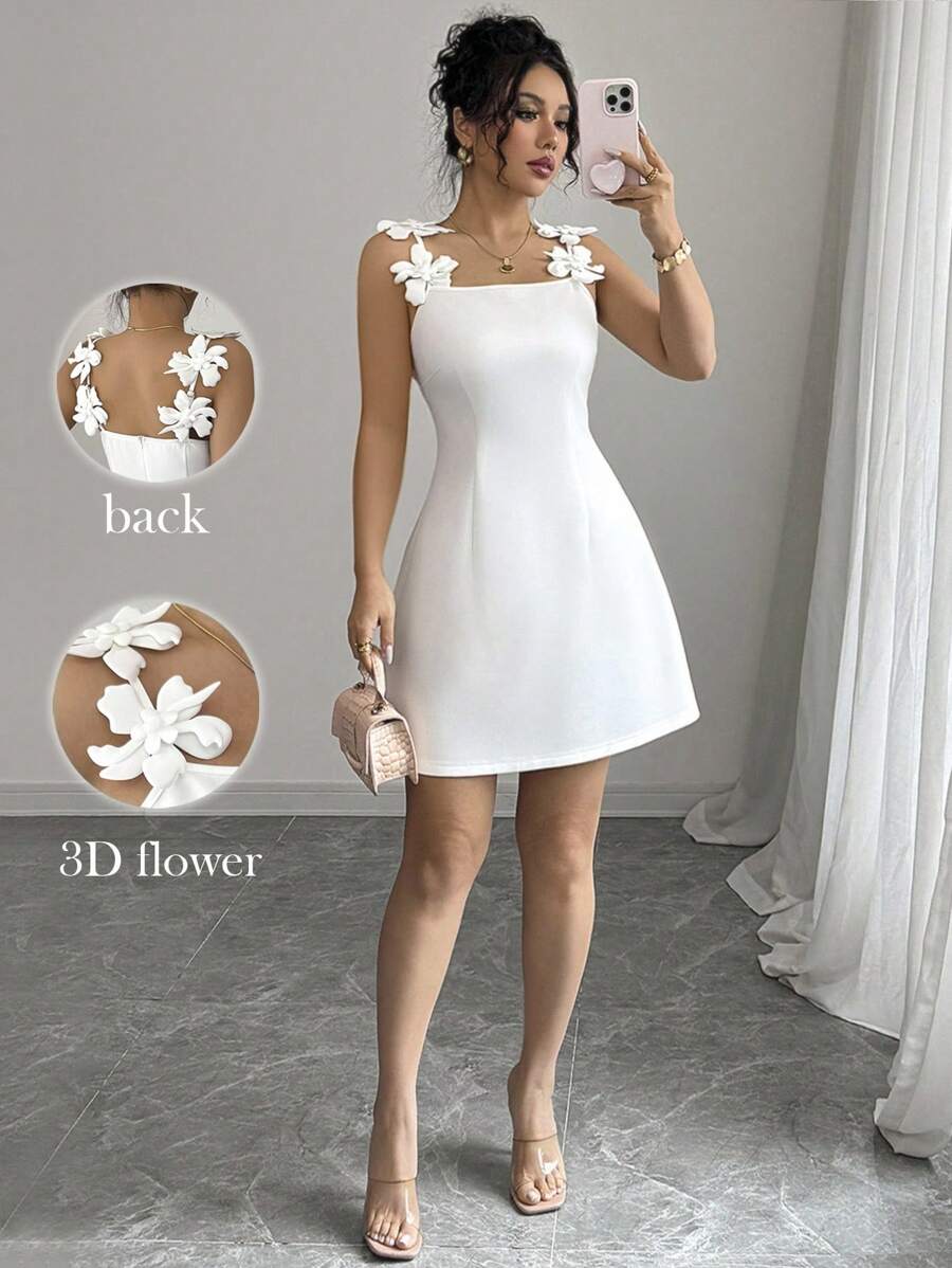 SHEIN PETITE Women's Spring/Summer Fashion Elegant 3D Flower Strap Waist Cinched Minimalist Versatile Casual Mini Dress - White - View 1