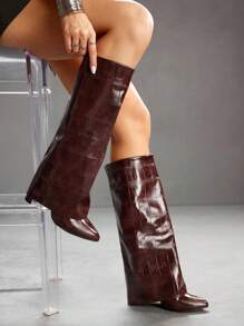 CUCCOO SZL Botas altas hasta la rodilla de tacón alto con estampado de piedra de moda para mujeres - Café integral - Ver 4