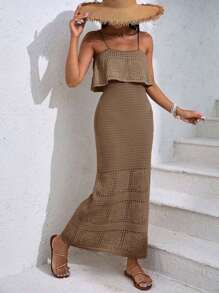 EURMUSE 女式纯色镂空荷叶边下摆修身吊带连衣裙 - 摩卡棕 - 查看 6