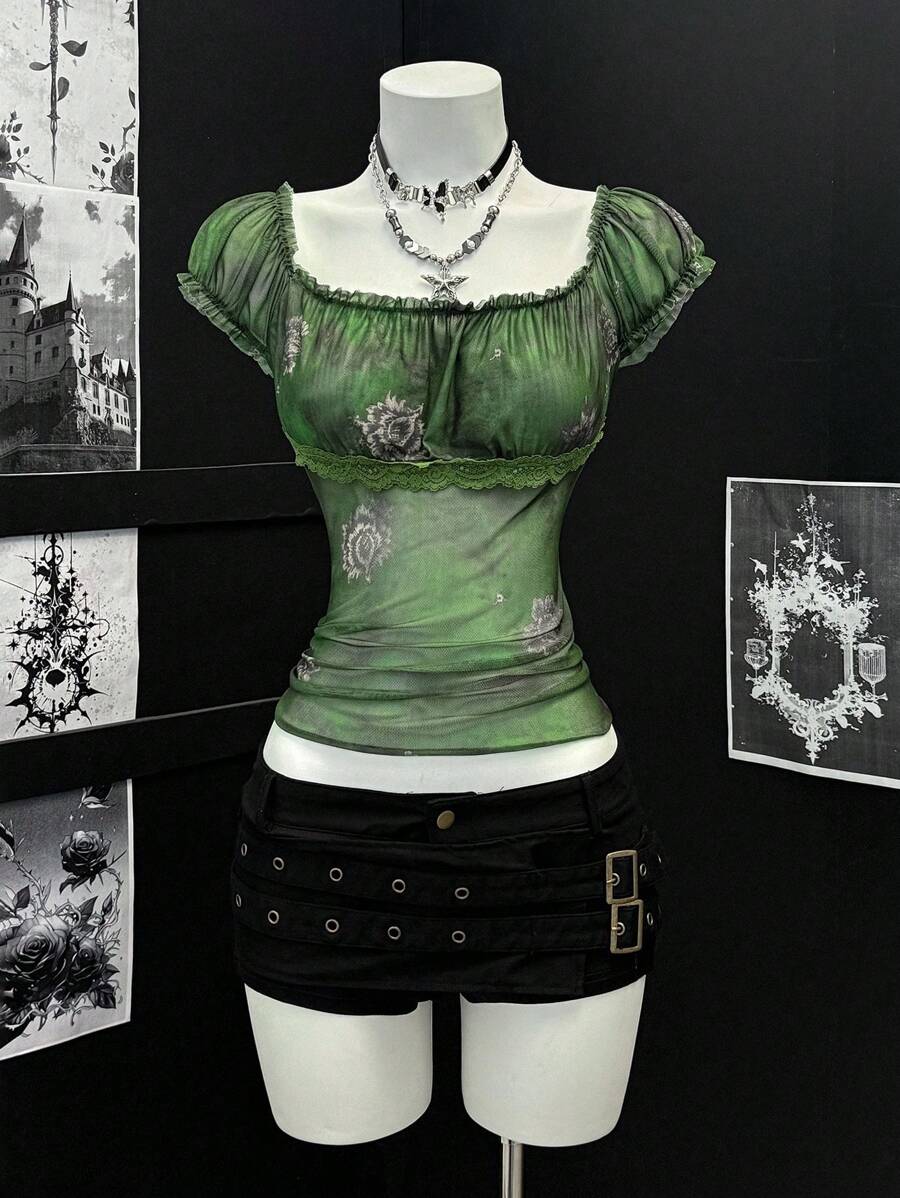 EgrlEra Retro Crop Top For Women, Puff Sleeve, Square Neck, Webbing Ribbon Mesh Splice, Form Fitting - Green - View 1