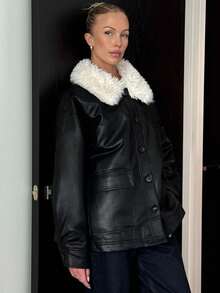 DAZY 女士秋冬仿羊羔绒领单排扣夹克，PU皮革工装绗缝外套，简约时尚 - 黑色 - 查看 11