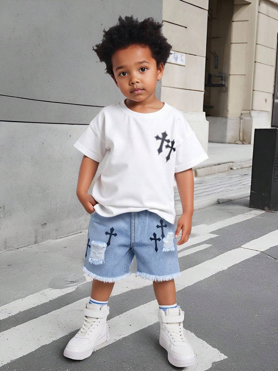 Denimly 男嬰休閒日常都市街頭白色十字印花T恤搭配破洞牛仔短褲 夏季最佳時尚套裝 - 白色 - 查看 1