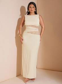 SHEIN BAE 大码女式优雅黑色蕾丝和丝绸拼布连衣裙，适合音乐节、海滩度假、婚礼宾客 - 杏色 - 查看 3