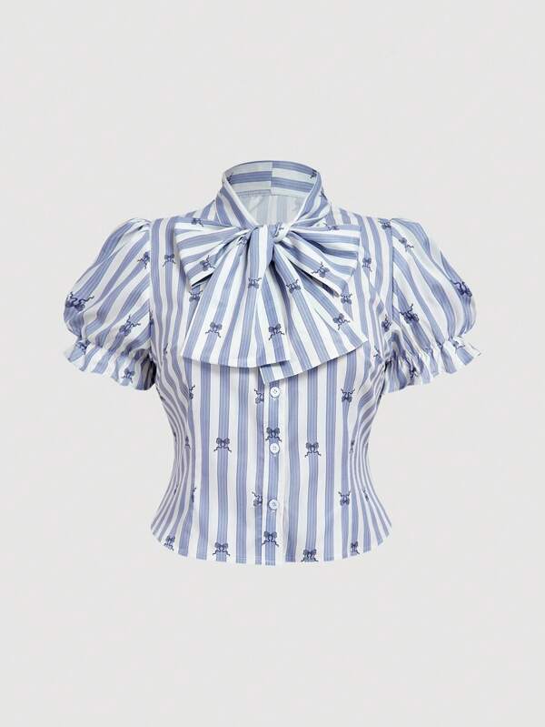 SHEIN MOD Plus Size Women Striped Bowknot Puff Sleeve Blouse