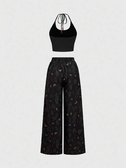 Grunge Punk Set de 2 piezas de pantalones de pierna ancha con estampado todo sobre de bosque y luna vintage y camiseta de tirantes finos