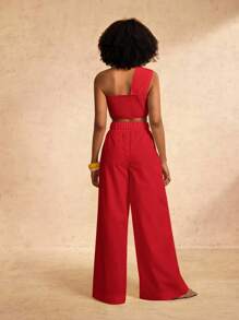 Zivah 新款春夏休闲优雅度假单肩胸前打结吊带设计后背短款上衣+阔腿超长裤白色梭织女两件套-A - 紅色 - 查看 2