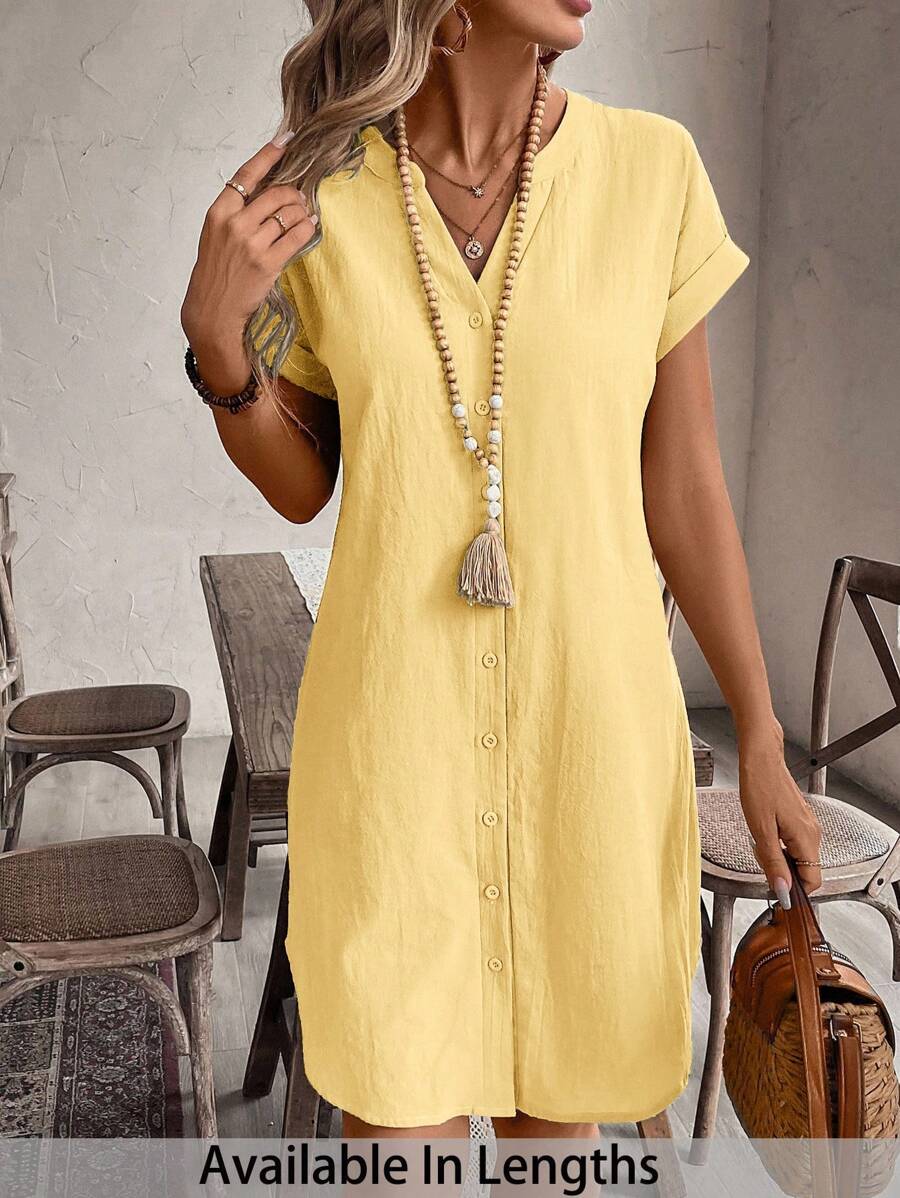SHEIN Tall CURVE Đầm thường ngày tay ngắn cổ chữ V trơn mùa hè cỡ lớn cho nữ - Màu vàng - Xem 1