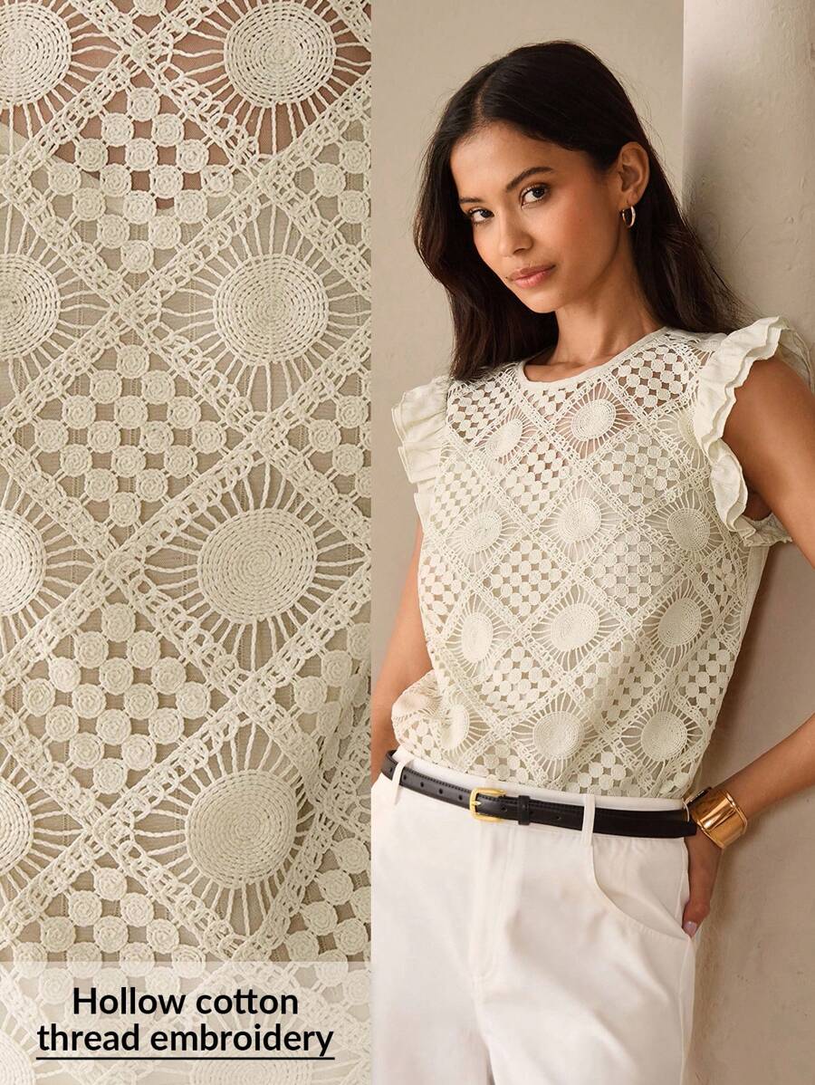 Lilora 女士优雅荷叶边针织拼布上衣，适合工作，都市风格荷叶袖刺绣上衣，都市休闲，浪漫优雅，外出 - 杏色 - 查看 1