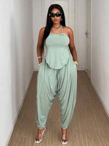 Maweii Summer Casual Sexy Backless Halter Top & Pants 2 Pieces Set, Plus Size Vacation Outfit - Green - View 6