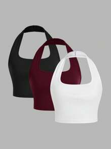 SHEIN EZwear 3 件套女士黑色、白色和酒红色休闲短款工字背心，适合夏季