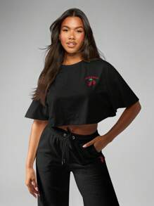 Missguided x Playboy 超大号短款 T 恤樱桃印花设计棉质街头休闲短袖宽松节日夏季春季上衣 - 黑色 - 查看 5