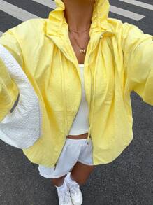 Muchica Chaqueta casual de manga larga con cremallera frontal de tejido amarillo para mujer, ropa de otoño para el aeropuerto