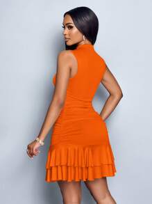 SOLERSUN Đầm ngắn dệt kim cổ đứng không tay xẻ tà phía trước, eo khoét sâu, viền bèo nhún đôi, dành cho nữ mùa xuân và mùa hè, đi chơi ban ngày, giải trí hàng ngày - trái cam - Xem 2