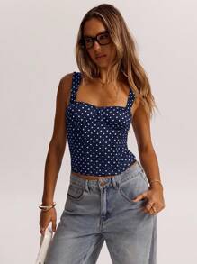 SHEIN BAE Women's Date Night Party Birthday Party Nightclub Holiday Party Elegant Black Polka Dot Print Tank Top, Girlfriends Party, Date, Daily Street Commuting Cute Corset Sexy Top,Halter Top