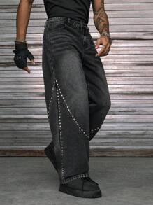 AXEPEAK 男士休闲水洗牛仔裤，铆钉装饰，Emo 风格