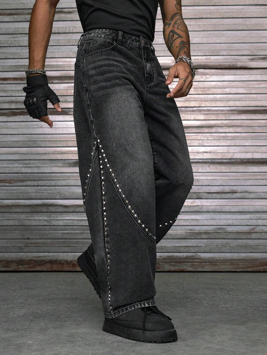 AXEPEAK 男士休闲水洗牛仔裤，铆钉装饰，Emo 风格