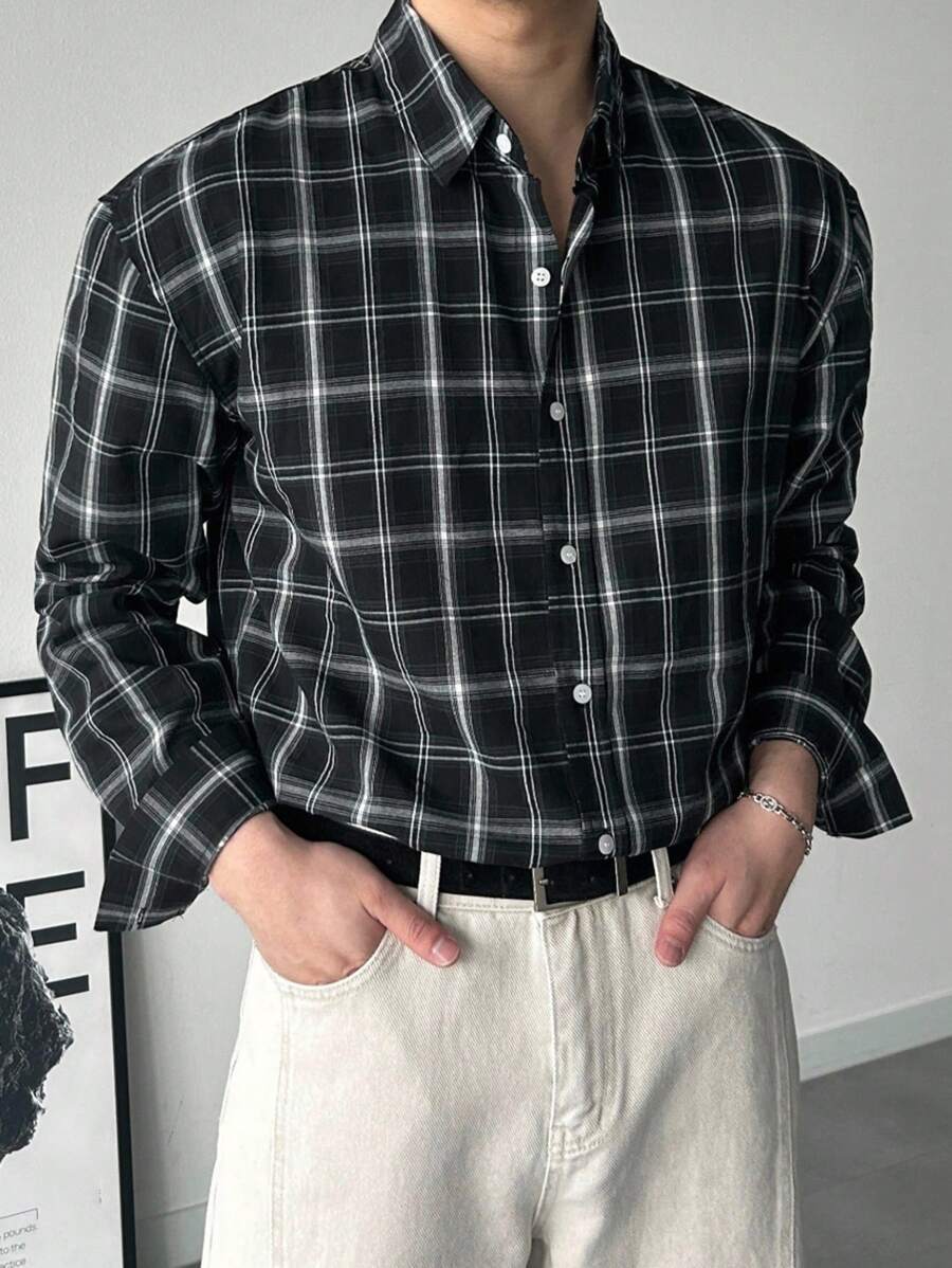 DAZY 男士格子纽扣长袖衬衫，适合春秋季 - 黑色 - 查看 1