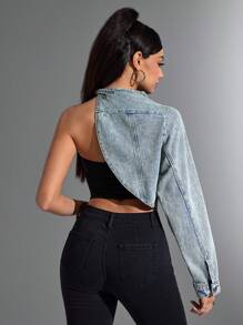 SHEIN Tall Y2K Retro Distressed Asymmetric Denim Jacket, Single Sleeve Denim Top, Denim Scarf Shawl Crop Top For Women - Medium Wash - View 2