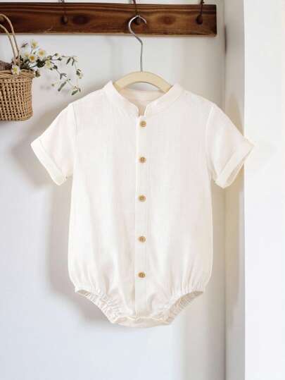 SHEIN Vintaside Kids 1 件婴儿男童/女童休闲立领短袖荷叶边按扣连体衣，适合日常、度假和旅行，春夏季，男女通用婴儿服装，中性婴儿服装，新生儿连体衣，新生儿，婴儿，婴儿，1M-24M