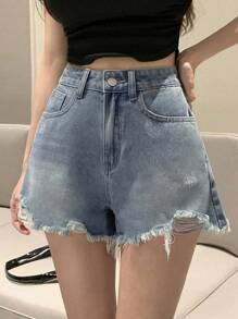 DAZY Women'S Frayed Denim Shorts - Medium Wash - View 2