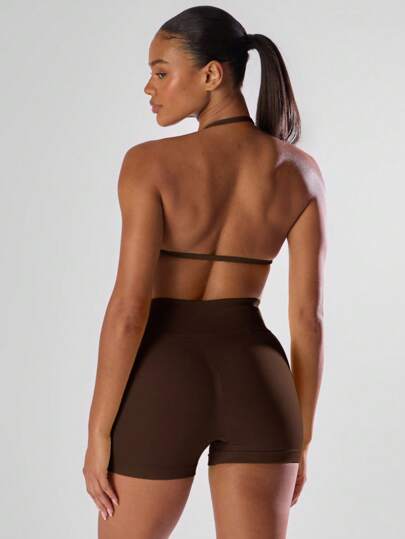 Ra Sport Solid Ruched Bust Open Back Halter Sports Bra, Active Comfy Workout Gym Running Run Club, Padel, Tennis, Pickleball Fitness view 2