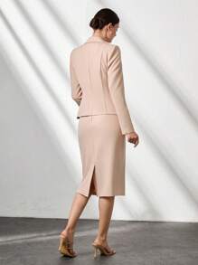 CLARA VERO Woman Solid Color Woven Elegant 2 Pieces Outfits Coords Suit Set Blazer Jacket And Midi Skirt - Beige - View 2