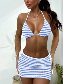 Swim SXY 3件套女士条纹蓝白撞色纹理面料细肩带露背上衣和系带侧泳裤海滩度假比基尼套装 - 藍色 - 查看 4