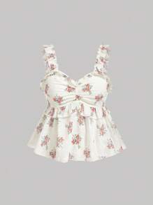 SHEIN MOD Áo kiểu cỡ lớn màu xanh trắng thêu họa tiết, viền bèo nhún, thích hợp cho kỳ nghỉ lãng mạn. - Màu Hồng  San hô - Xem 1