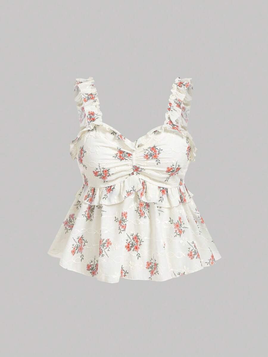 SHEIN MOD Áo kiểu cỡ lớn màu xanh trắng thêu họa tiết, viền bèo nhún, thích hợp cho kỳ nghỉ lãng mạn. - Màu Hồng  San hô - Xem 1