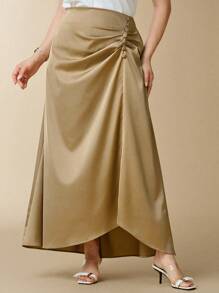 SHEIN Clasi Plus Size Women Khaki Satin Ruched Waist Buttoned Skirt, Elegant For Party, Cocktail, Wedding Fall Women Clothes Fall Clothes Fall Women Outfits