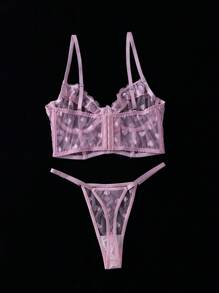 SHEIN 2pcs/Set Heart Mesh Lace Underwire Bra And Thong Panty Set - Pink - View 2